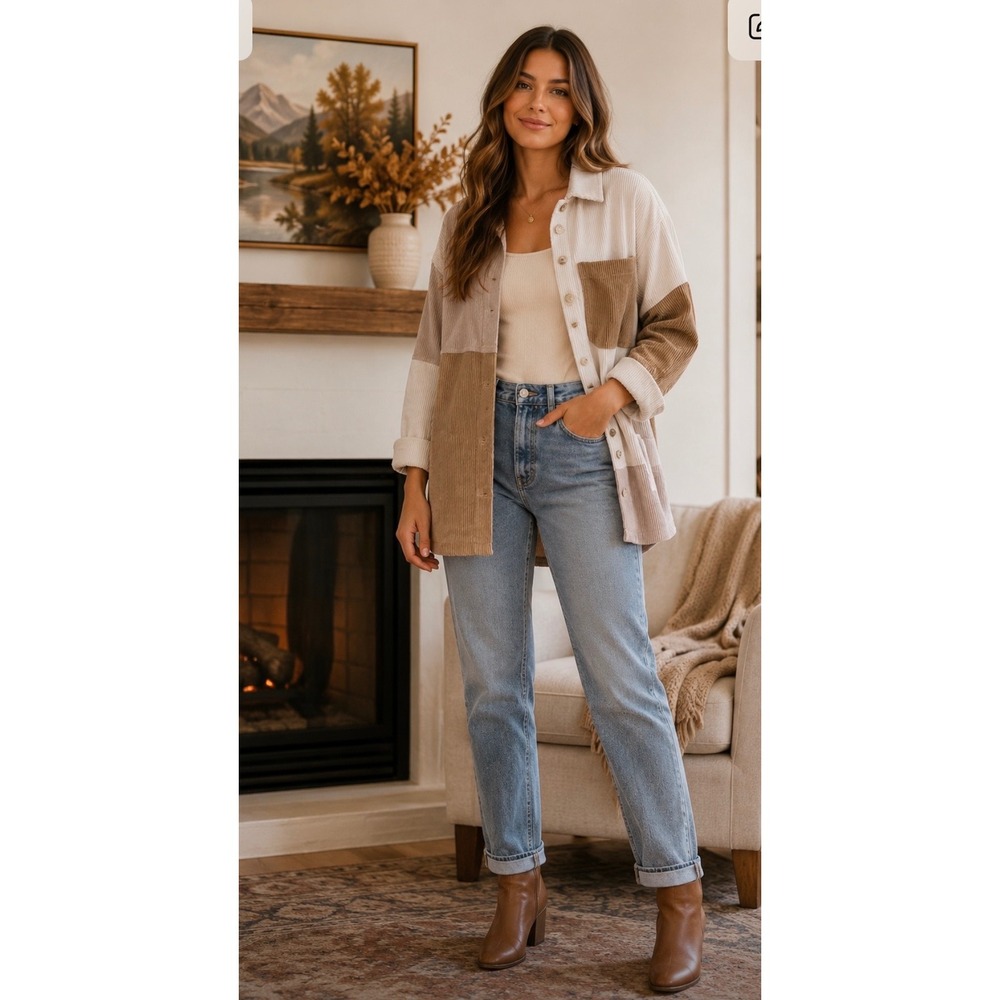 Ashley by 26 International Colorblock Corduroy Shacket Tan Cream Mauve Large